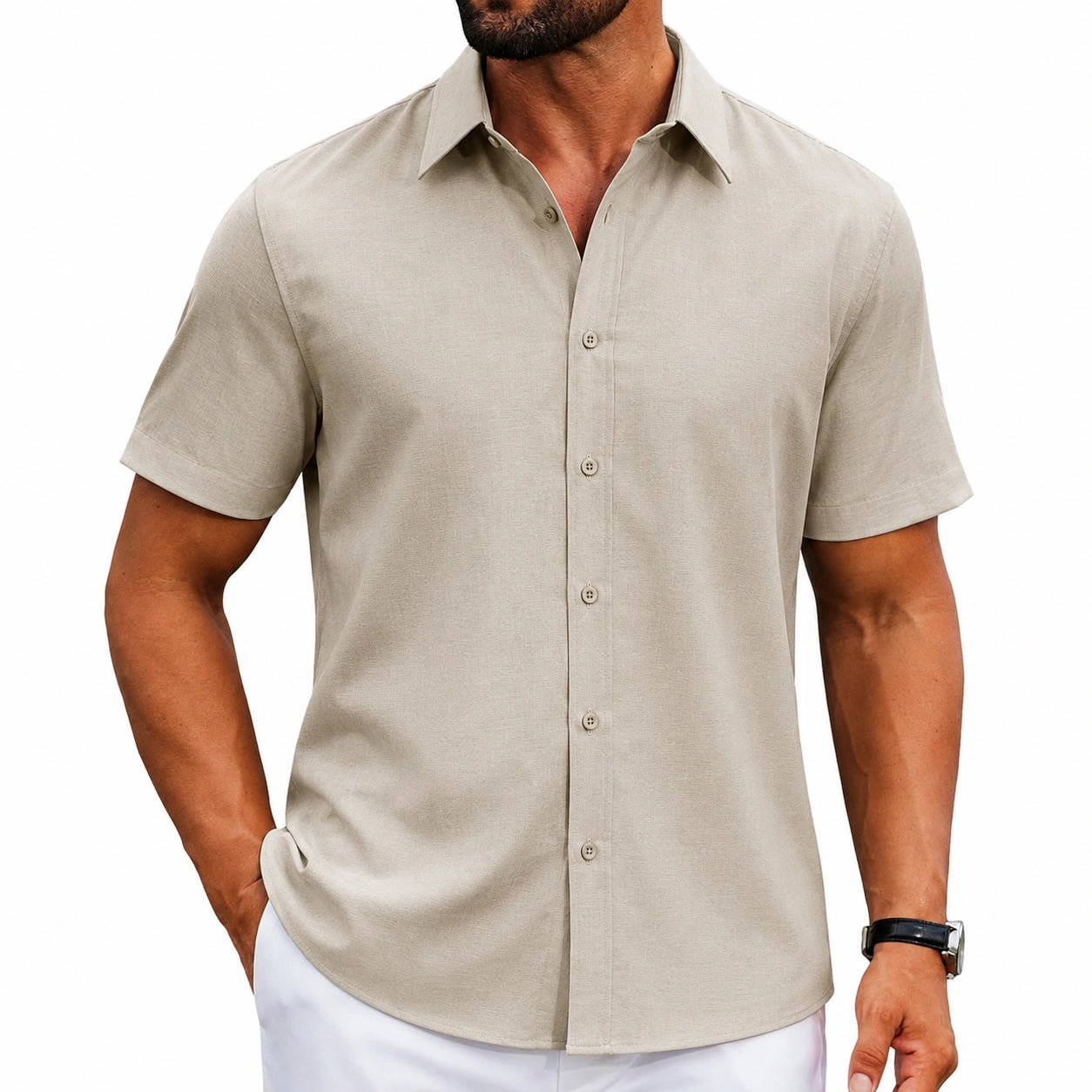 Chemise homme M en tissu beige à manches courtes coupe droite