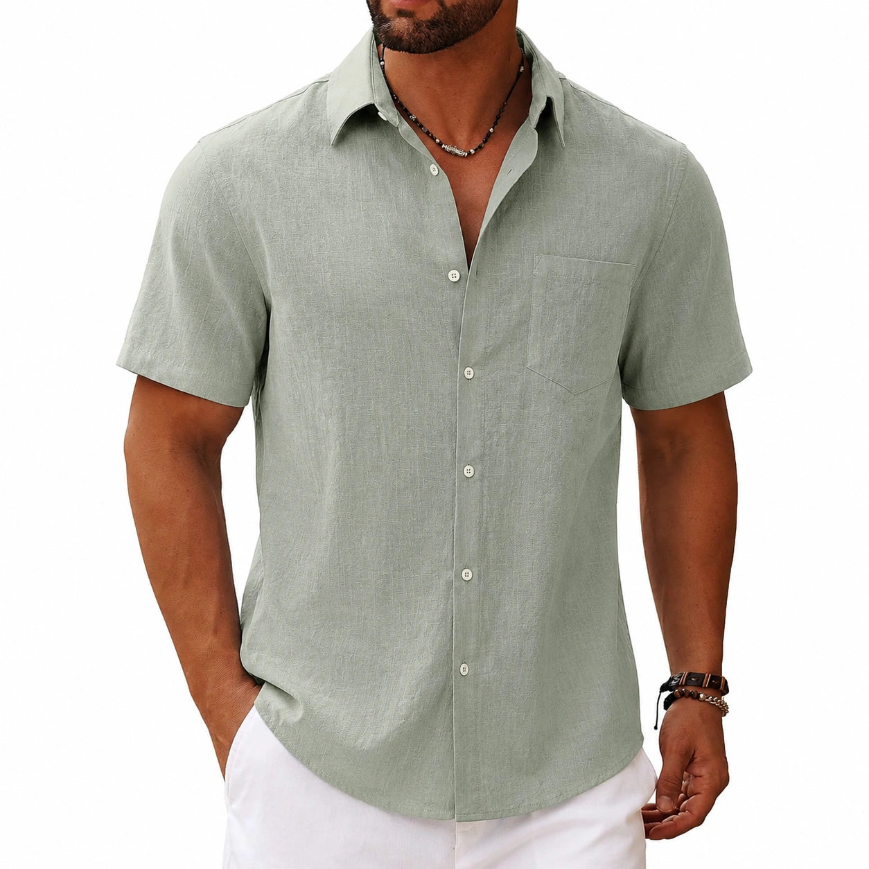 Chemise homme M en tissu effet lin vert sauge à manches courtes décontractée