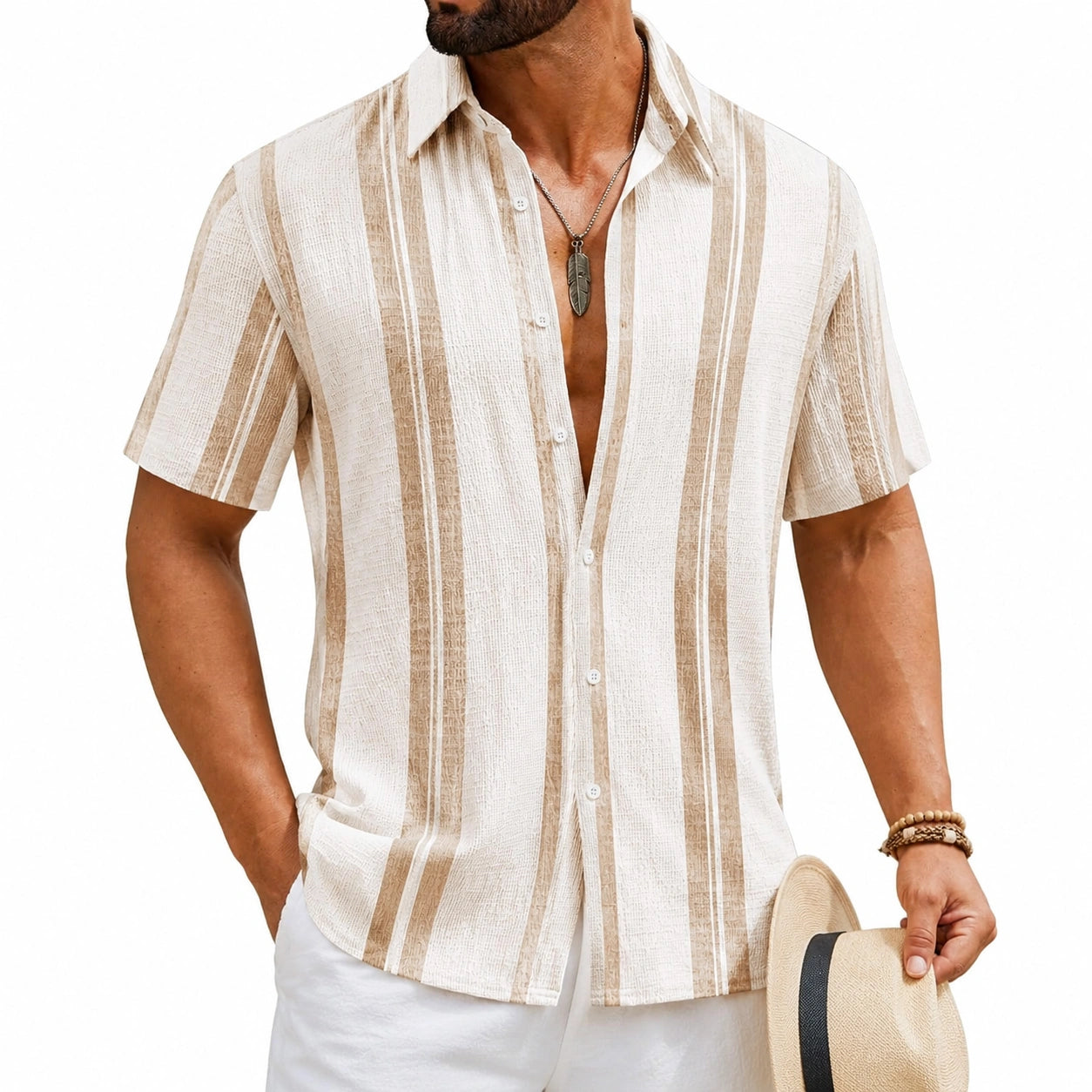 Chemise homme L à manches courtes rayée beige et écru style décontracté