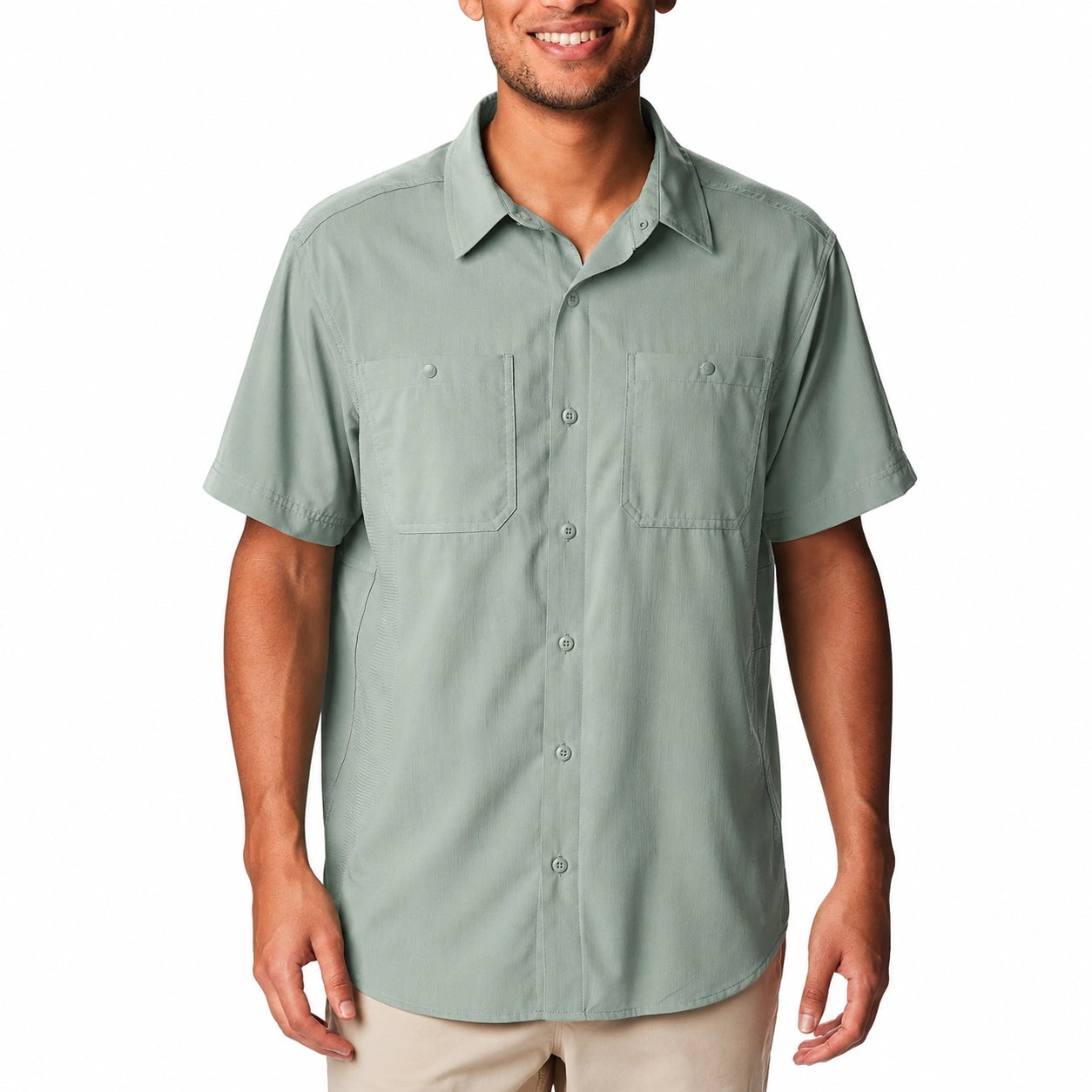 Chemise homme L en tissu tissé vert sauge à manches courtes avec poches poitrine