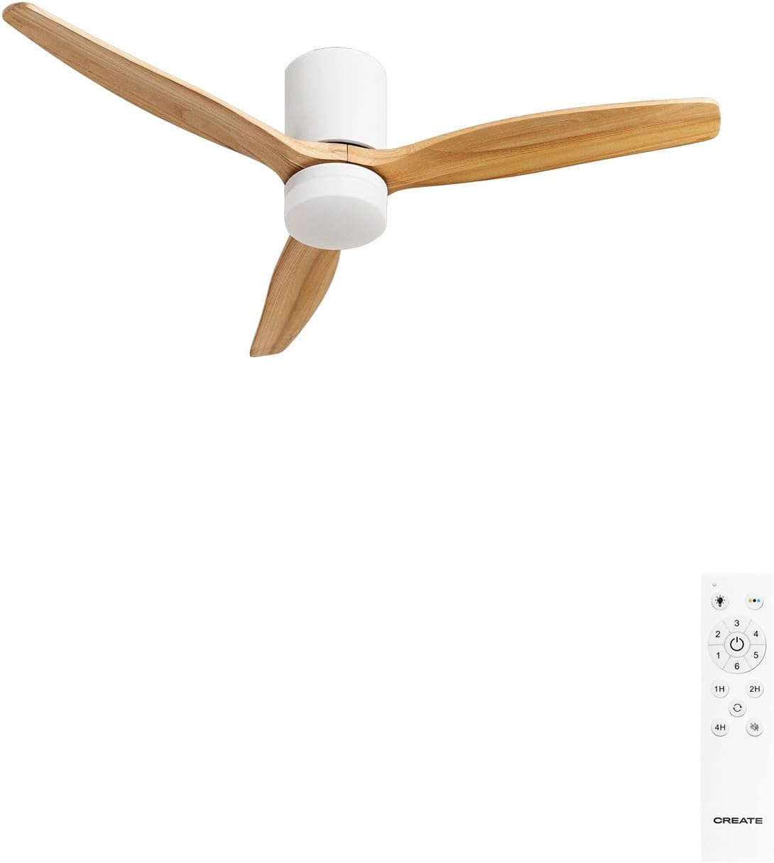 Ventilateurs de plafond, 132 cm, 40W, avec éclairage LED, avec télécommande, bois, blanc, CREATE