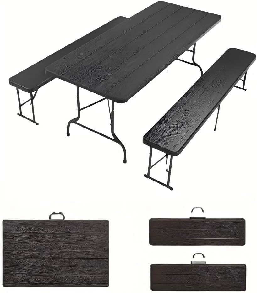 table de jardin, 180 × 73 × 70CM, noir, pour le jardin, sinlikon, Ensemble Table Pliante à Manger de Jardin et 2 Bancs Pliant