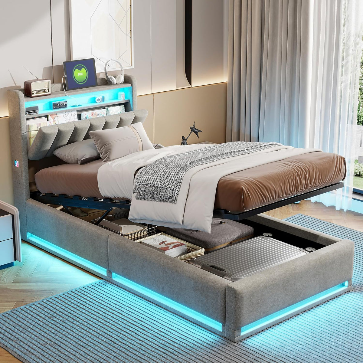 lit, 90 × 200 cm, avec éclairage LED, gris, Mutuolux, Tête de Lits avec Rangement, pour Adultes et Adolescents, 90x200 cm)