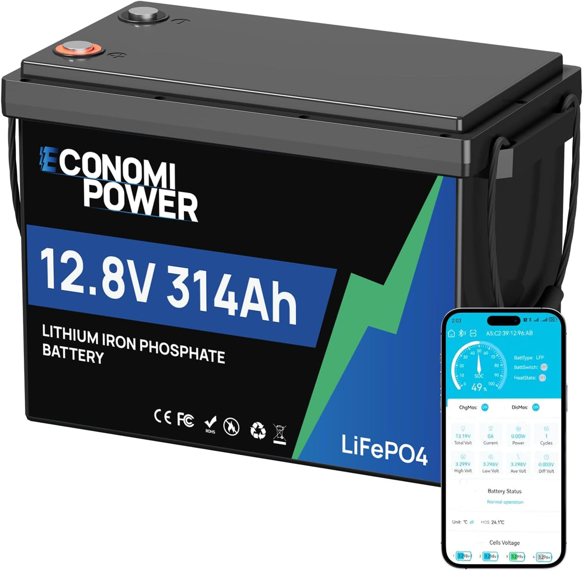 lit, 12 V, sans fil, commande intelligente, EconomiPower, Batterie au lithium LiFePO4 12 V 314 Ah (300 Ah)
