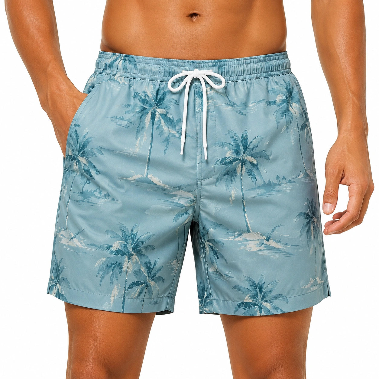 Short de bain homme M bleu imprimé palmiers à cordon style tropical