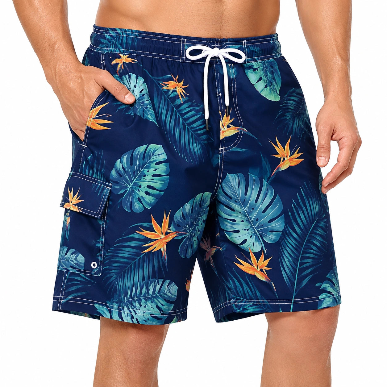 Short de bain homme taille M en polyester bleu à motif tropical avec cordon de serrage