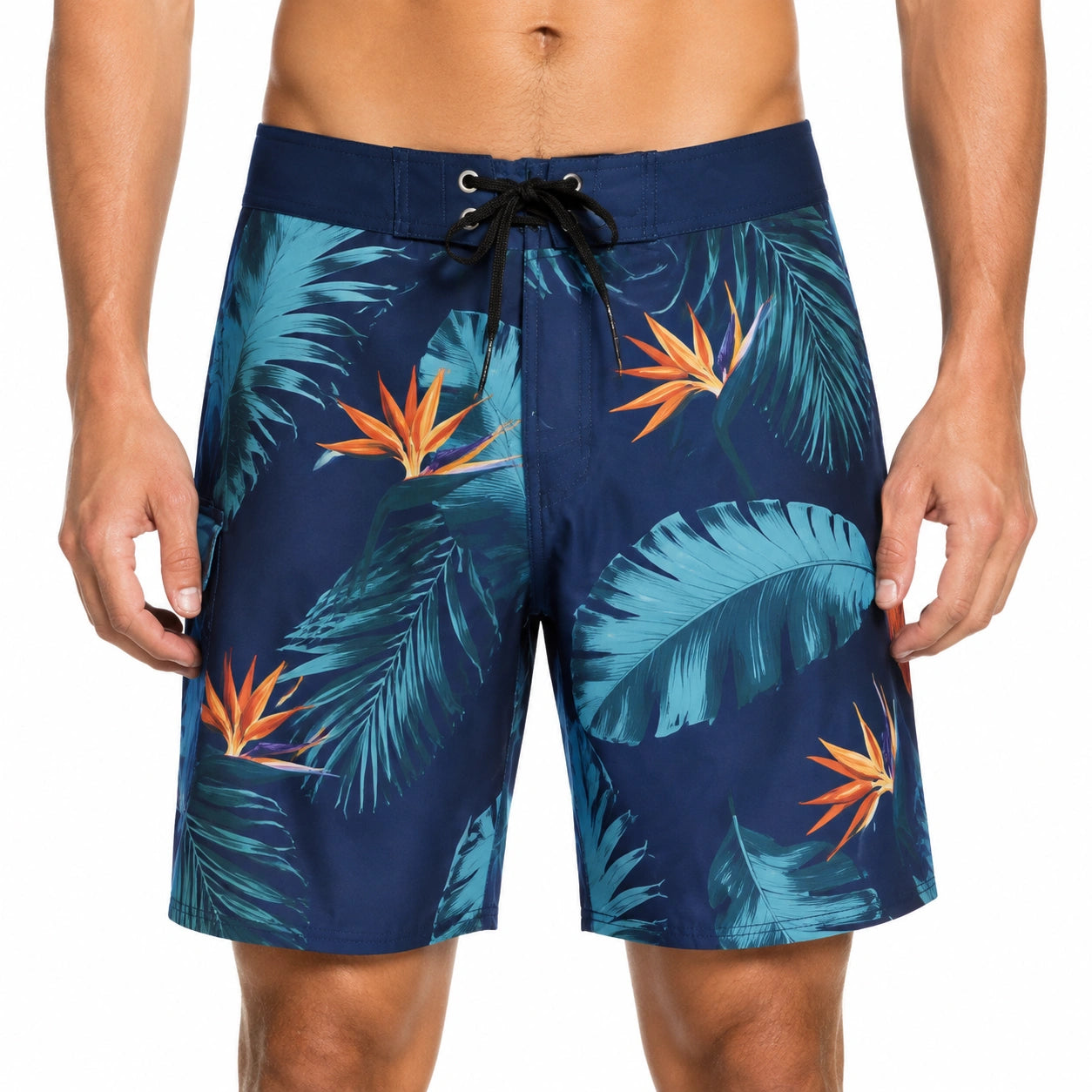 Short de bain homme L en tissu synthétique bleu marine imprimé tropical à lacets