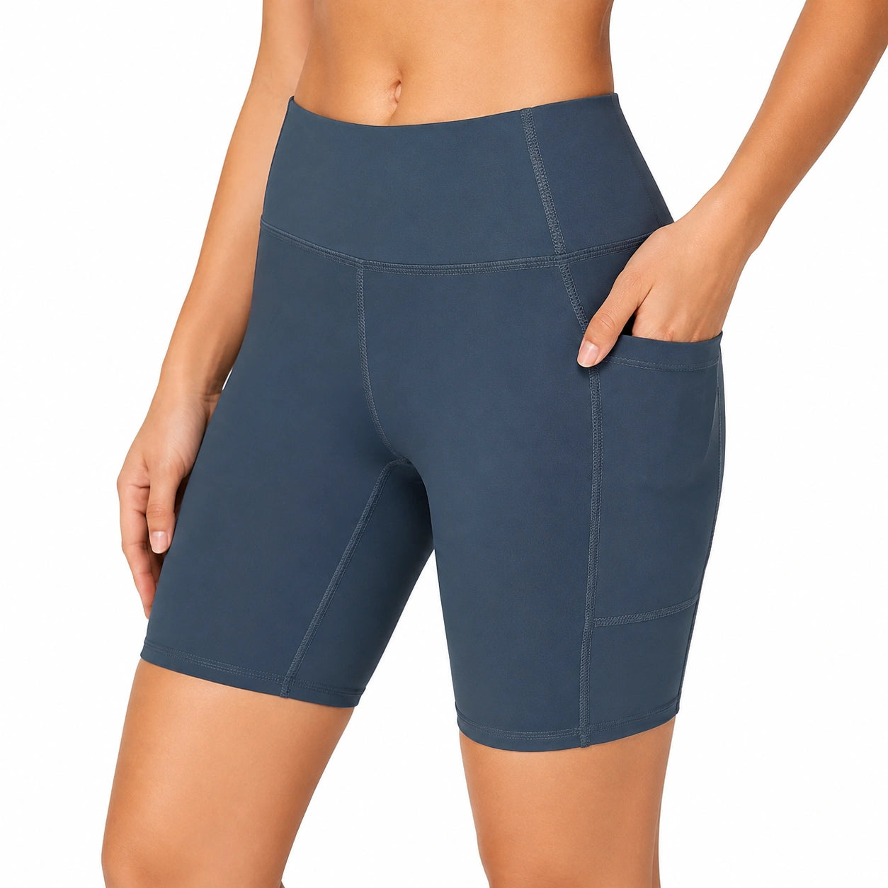 Short legging femme taille S bleu marine en tissu extensible à taille haute avec poche latérale
