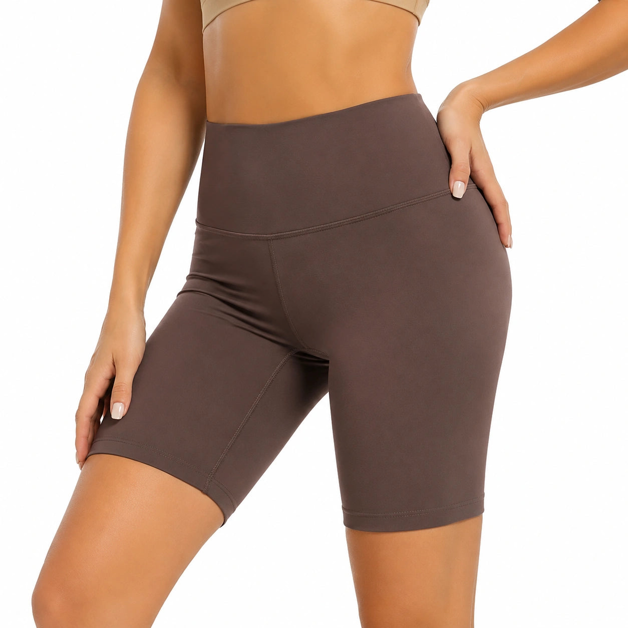Short cycliste femme taille M en tissu extensible marron taille haute pour sport