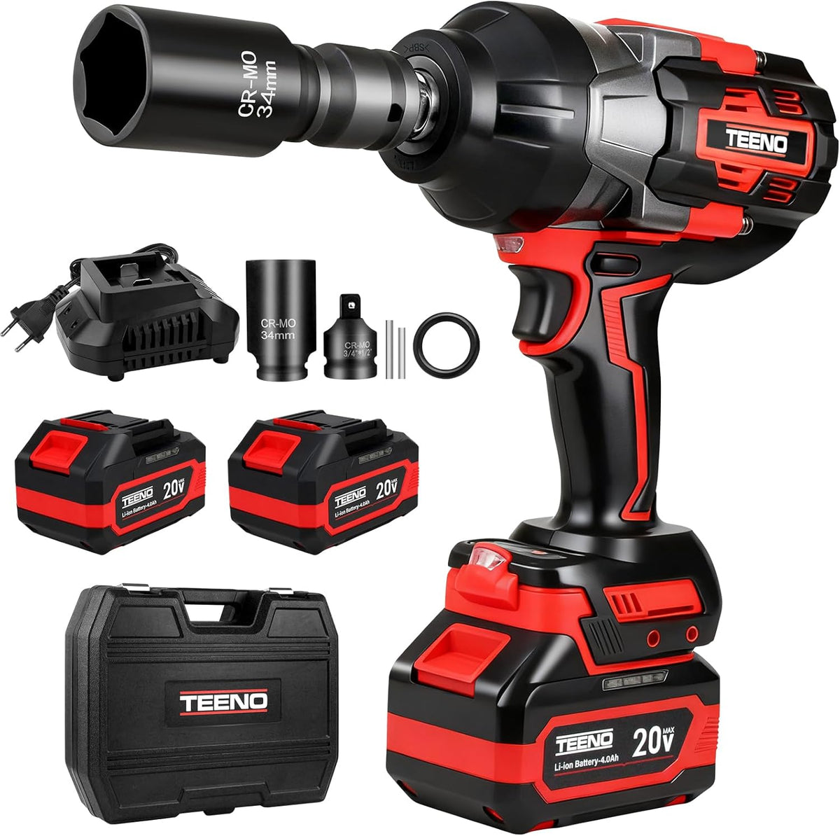 perceuse-visseuse, 34mm, sans balais, sans fil, TEENO, 2x Batteries 4.0Ah + Coffret Rigide, Adaptateur 3/4'-1/2', Douille 34mm