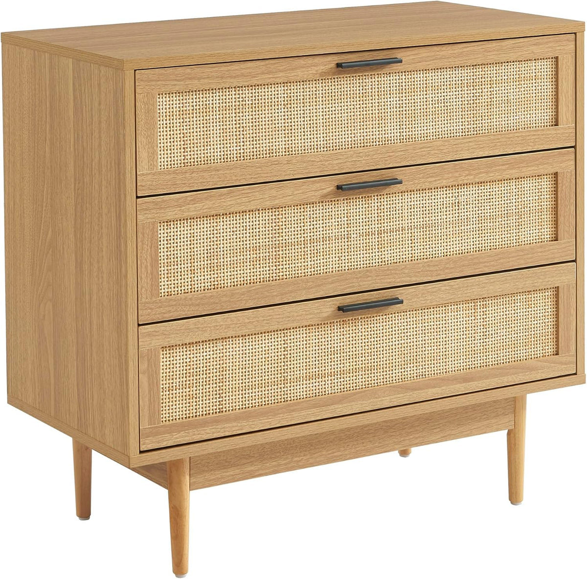 Commodes, 80cm, avec tiroirs, BAÏTA, BAÏTA Commode Amana Effet chêne et cannage rotin 3 tiroirs 80cm