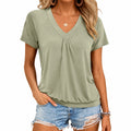 T-shirt femme M en textile vert kaki à col V drapé manches courtes