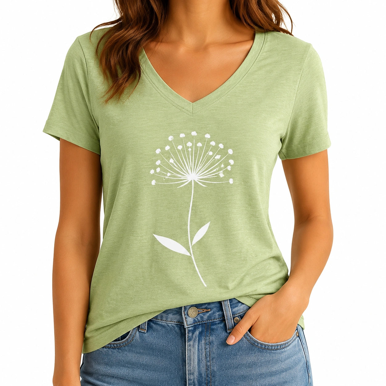 T-shirt femme taille M en tissu vert col V imprimé floral manches courtes