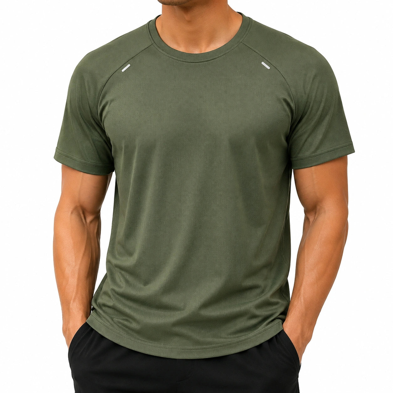 T-shirt de sport homme taille M en polyester vert olive à manches courtes respirant