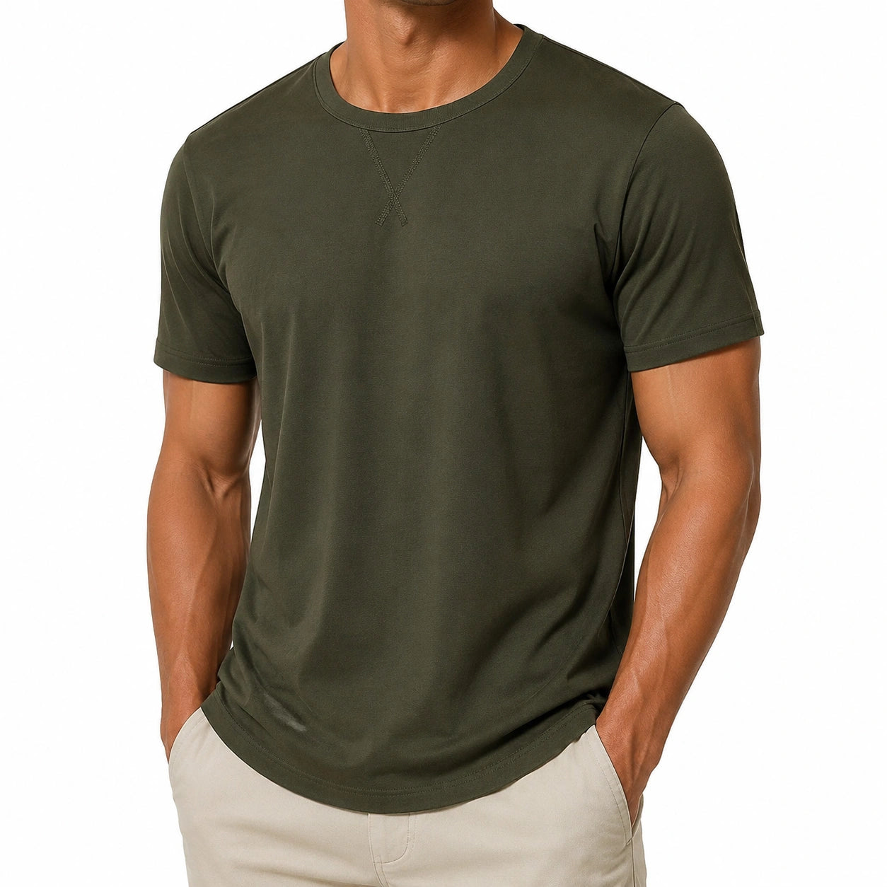 T-shirt homme taille M vert kaki à manches courtes coupe droite