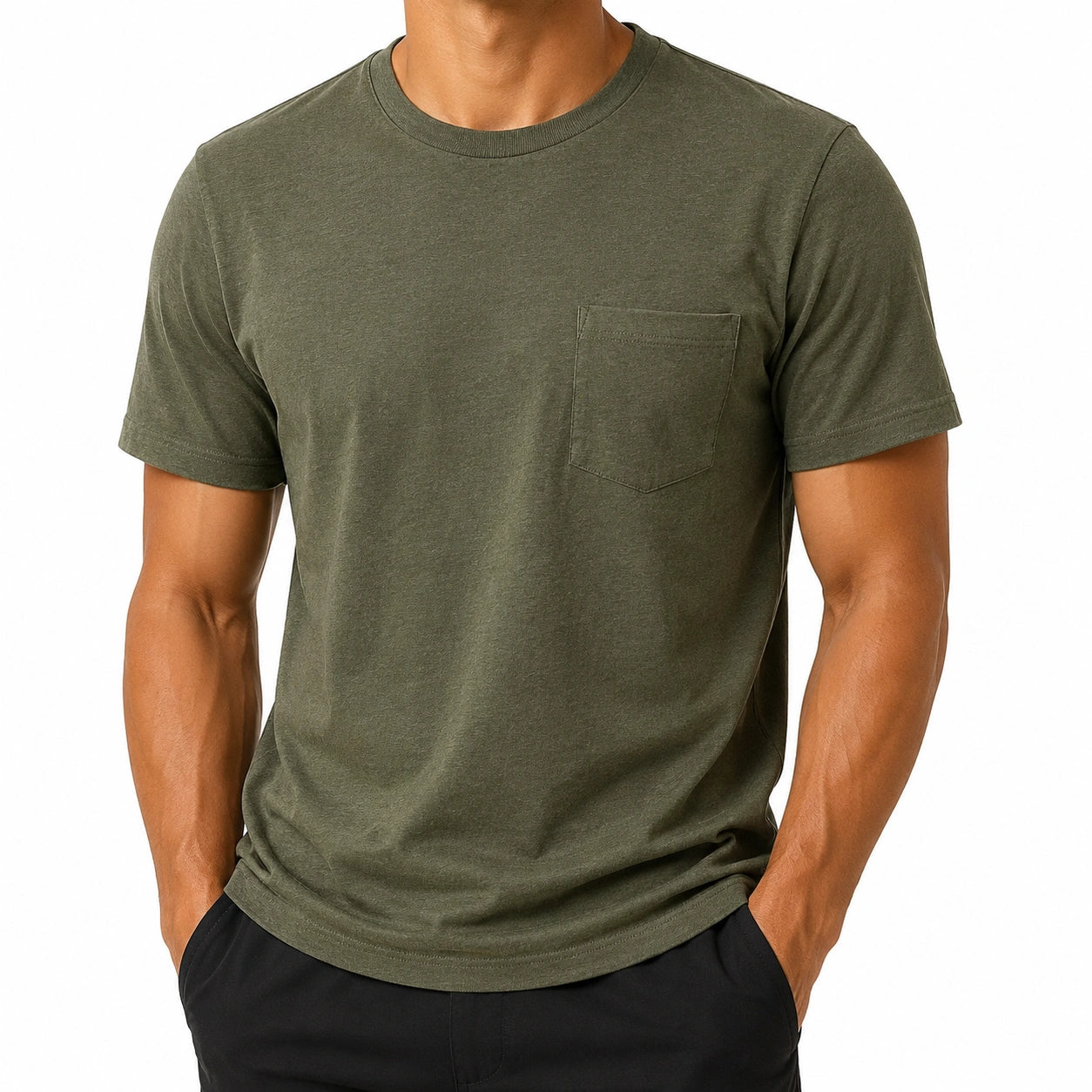 T-shirt homme L vert kaki en jersey à poche poitrine style décontracté