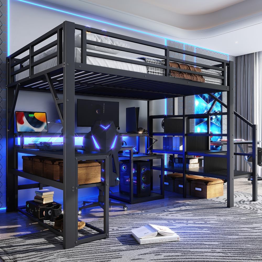 lit, 140 × 200 cm, avec éclairage LED, noir, pour le bureau, Sapgaks, lit Mezzanine escalier avec Espace de Rangement