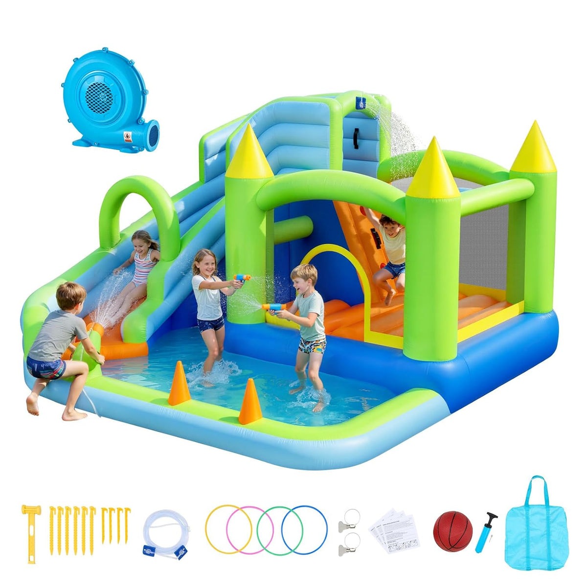 piscine, 344 × 374 × 213 cm, VEVOR, Aire de Jeux Gonflable avec Toboggan Aquatique, pour 3 à 4 Enfants de 3 à 8 Ans, 344x374x213 cm