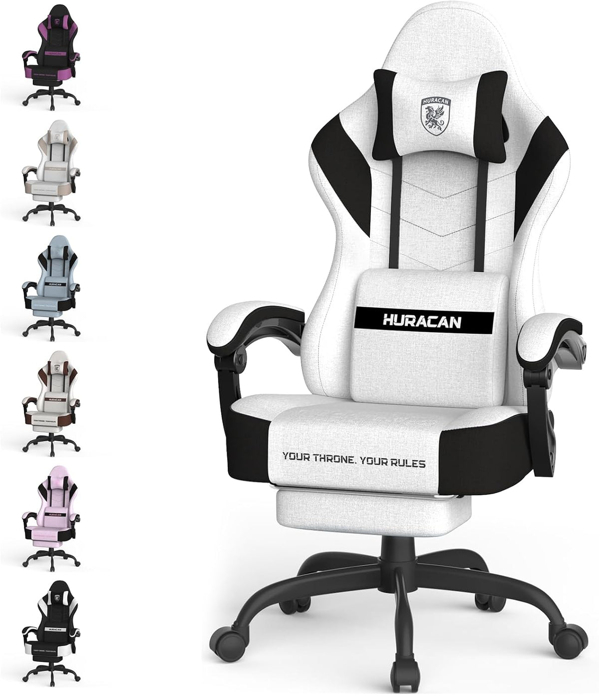 fauteuil, 50 cm, réglable, tissu, blanc, Huracan, Huracan Chaise Gaming Ergonomique avec Fonction Massage, Dossier Inclinable 90°-135°