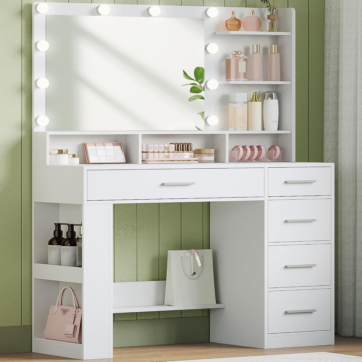 coiffeuse DT42603XEU, 108 cm, avec éclairage LED, avec tiroirs, blanc, pour la chambre, Hzuaneri