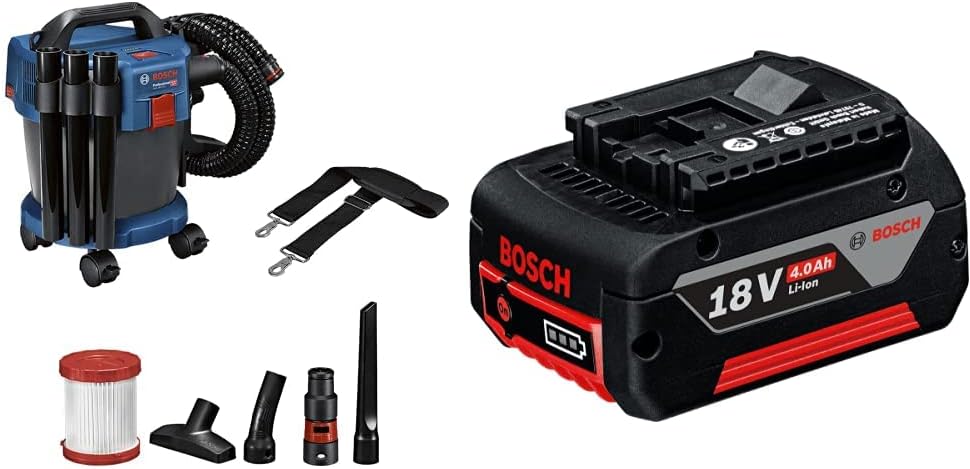 Bosch aspirateur, 18V, 10 L, sans fil, noir, avec flexible de 1.6m, set de 3 tubes) & GBA Batterie Lithium-Ion CoolPack 18 V 4, 0 Ah
