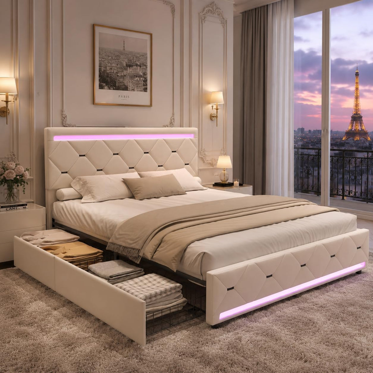 lit, 140 × 190 cm, avec éclairage LED, avec tiroirs, blanc, pour la chambre, QLTXYHML