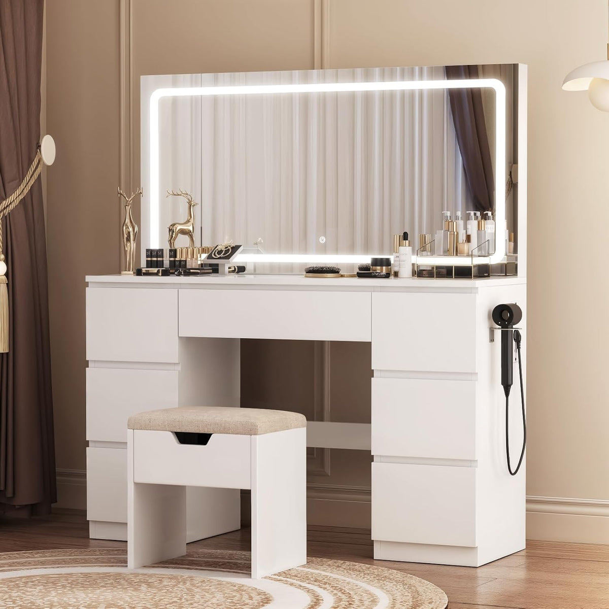 coiffeuse, 115 × 60cm, avec éclairage LED, réglable, avec tiroirs, blanc, pour la chambre, TRIUMPHKEY