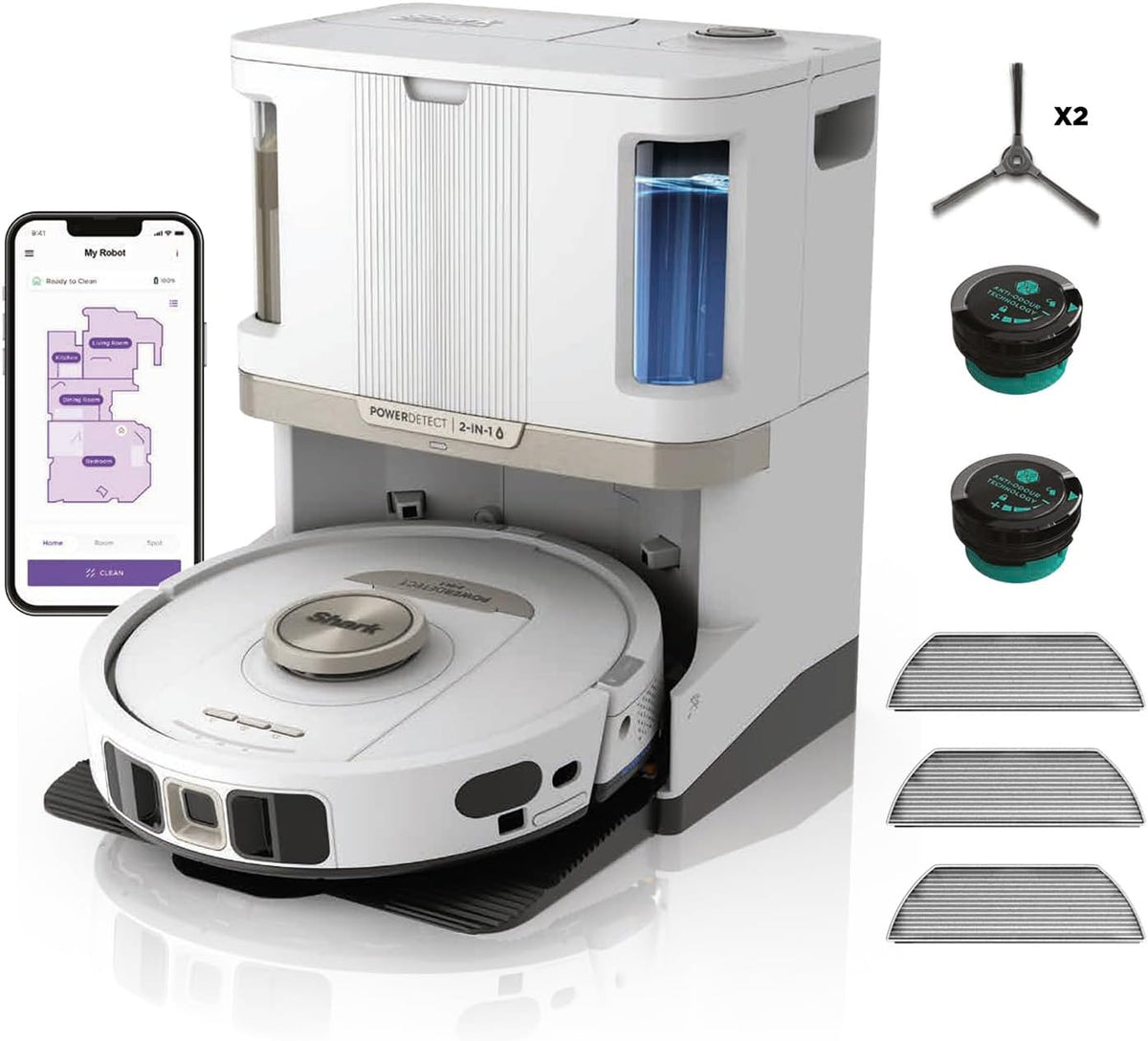 aspirateur, avec Wi-Fi, blanc, Shark, Navigation 3D LiDAR, 4 tampons Anti-microbiens, 2 Cartouches Anti-odeurs, 2 brosses