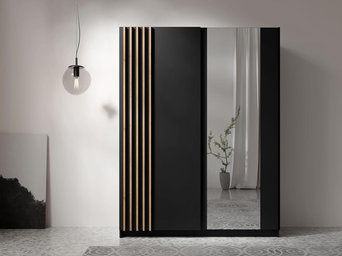 armoire, 150 cm, noir, AXLIVING, Penderie Noire avec Miroir 150 cm, Beralto avec lamelles