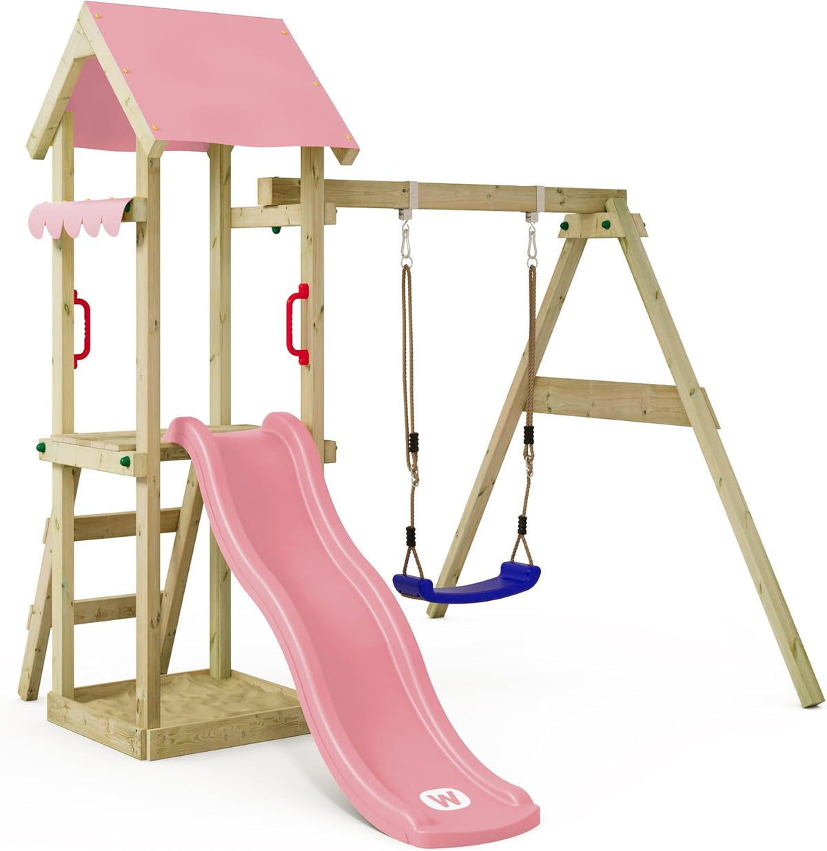 Balançoires, 9 × 9 cm, bois, pour le jardin, Wickey, Tour d'escalade pour Enfants avec bac à Sable