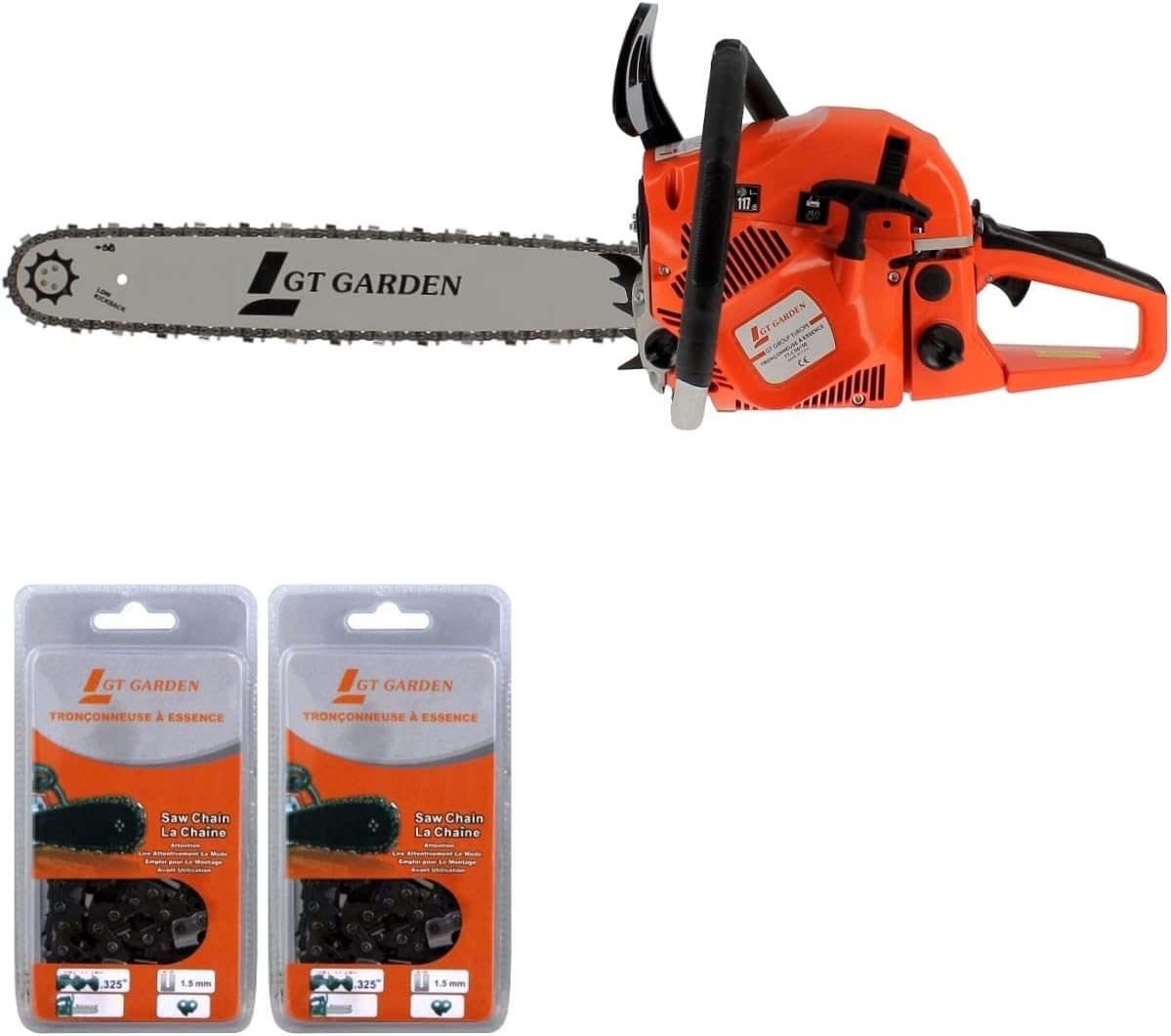Tronçonneuses, 50 cm, GT Garden, GT Garden Tronçonneuse Thermique 62 cm3, 3.5 CV, Guide 50 cm, 2 chaînes