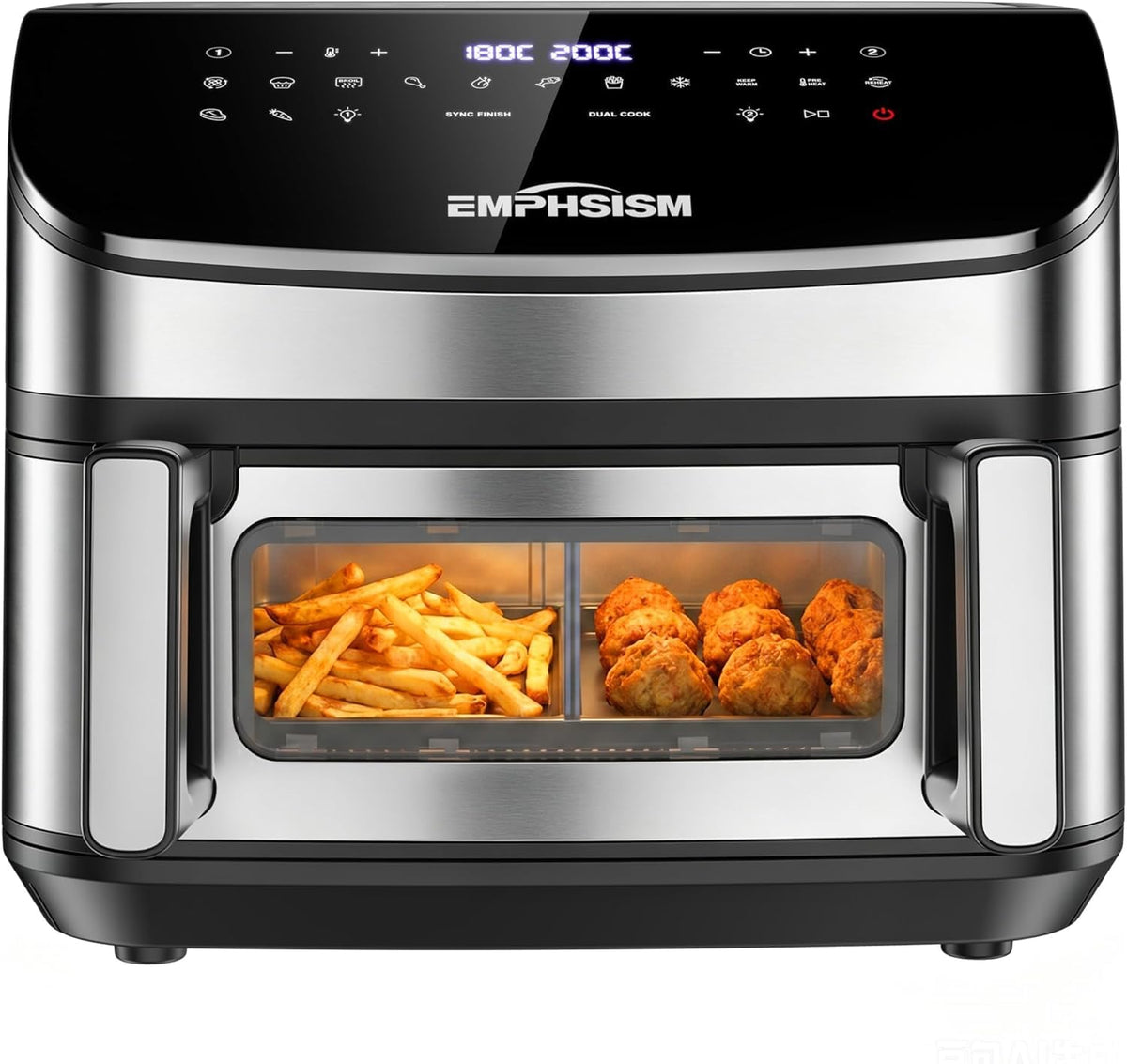 friteuse sans huile, 12L, 2600W, Emphsism, XXL Friteuse Sans Huile avec Double Résistance en Haut et en Bas, Flexible 1 ou 2 Zones