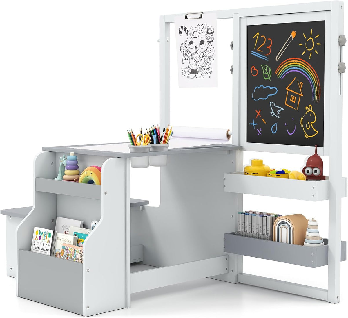 table, réglable, bois, noir, pour le bureau, GOPLUS, GOPLUS Bureau Enfant Fille Garcon avec Banc, 3 en 1 Tableau Chevalet Enfant Double Face Ajustable