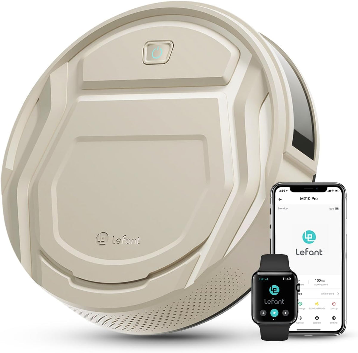 aspirateur M210P, 28 cm, 55dB, avec Wi-Fi, Lefant, Silencieux 55dB, Connecté avec WiFi/Bluetooth/Alexa/App, 120min d'Autonomie, M210P Champagne