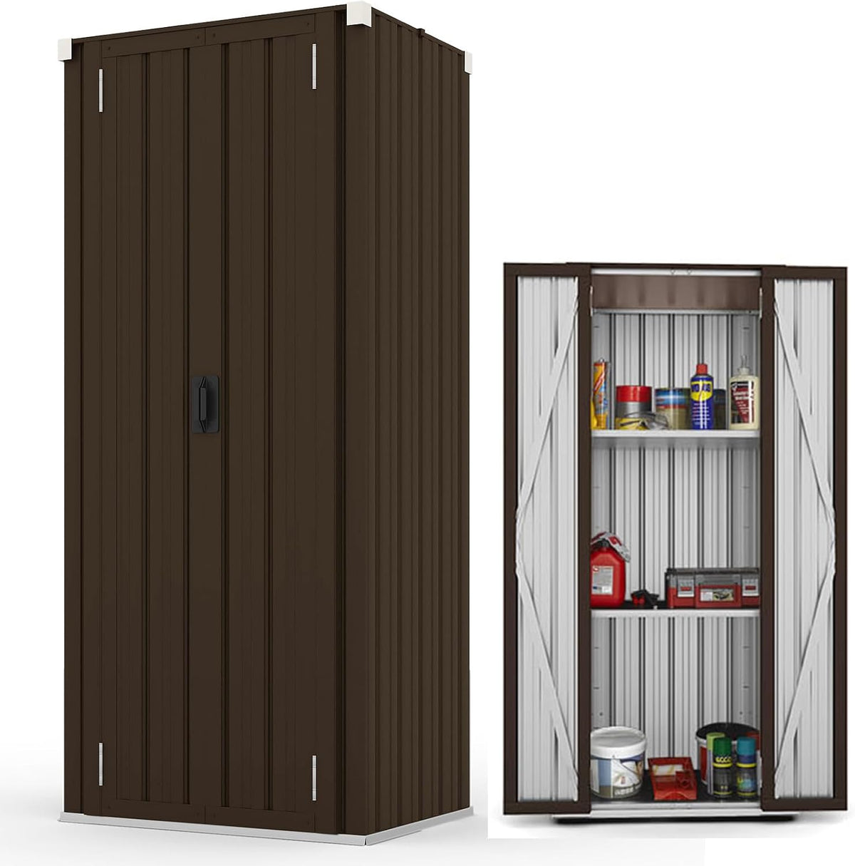 armoire, 76 × 56 × 178 CM, réglable, métal, pour le jardin, YODOLLA, Armoire de Rangement Extérieure à 3 Niveaux, 76 x 56 x 178 CM