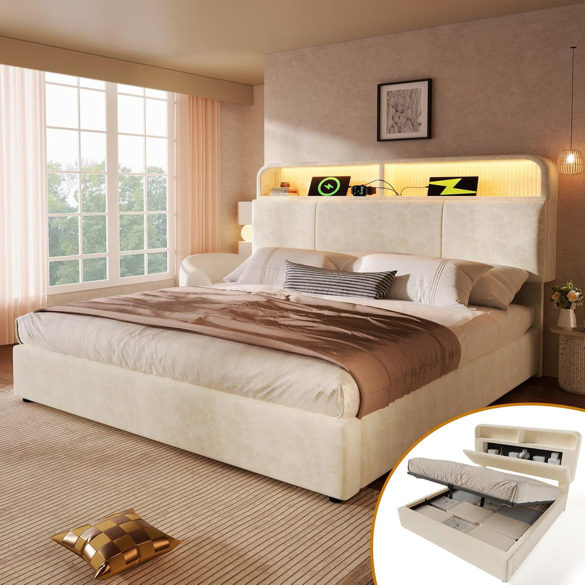 matelas, 160 × 200cm, avec éclairage LED, réglable, tissu, beige, EURHCIO, Lit Coffre 160x200cm, sans Matelas, Beige (160x200)