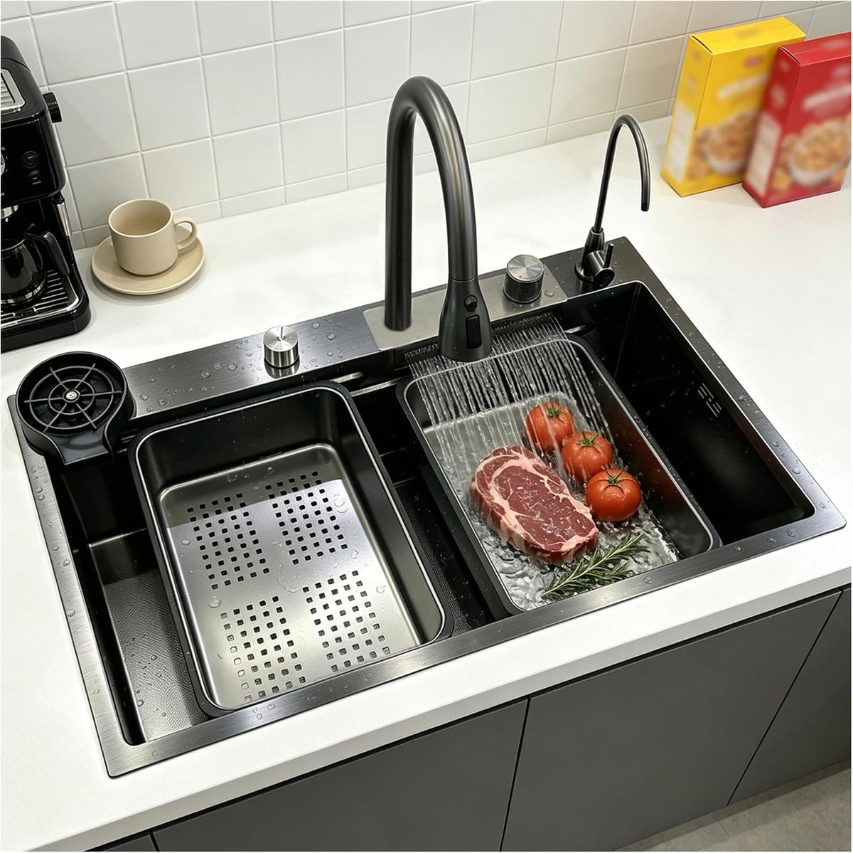 Cuve simple, 85 × 45 cm, acier inoxydable, noir, pour la cuisine, KOOGIMDDR, 1 cuve, installation de l'évier par le haut avec ensemble de robinetterie