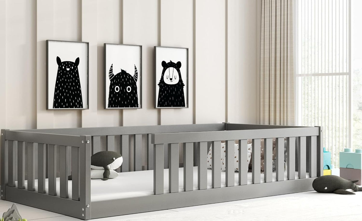 lit, bois, gris, Interbeds, pour Tout-Petit (Gris, 190x90)