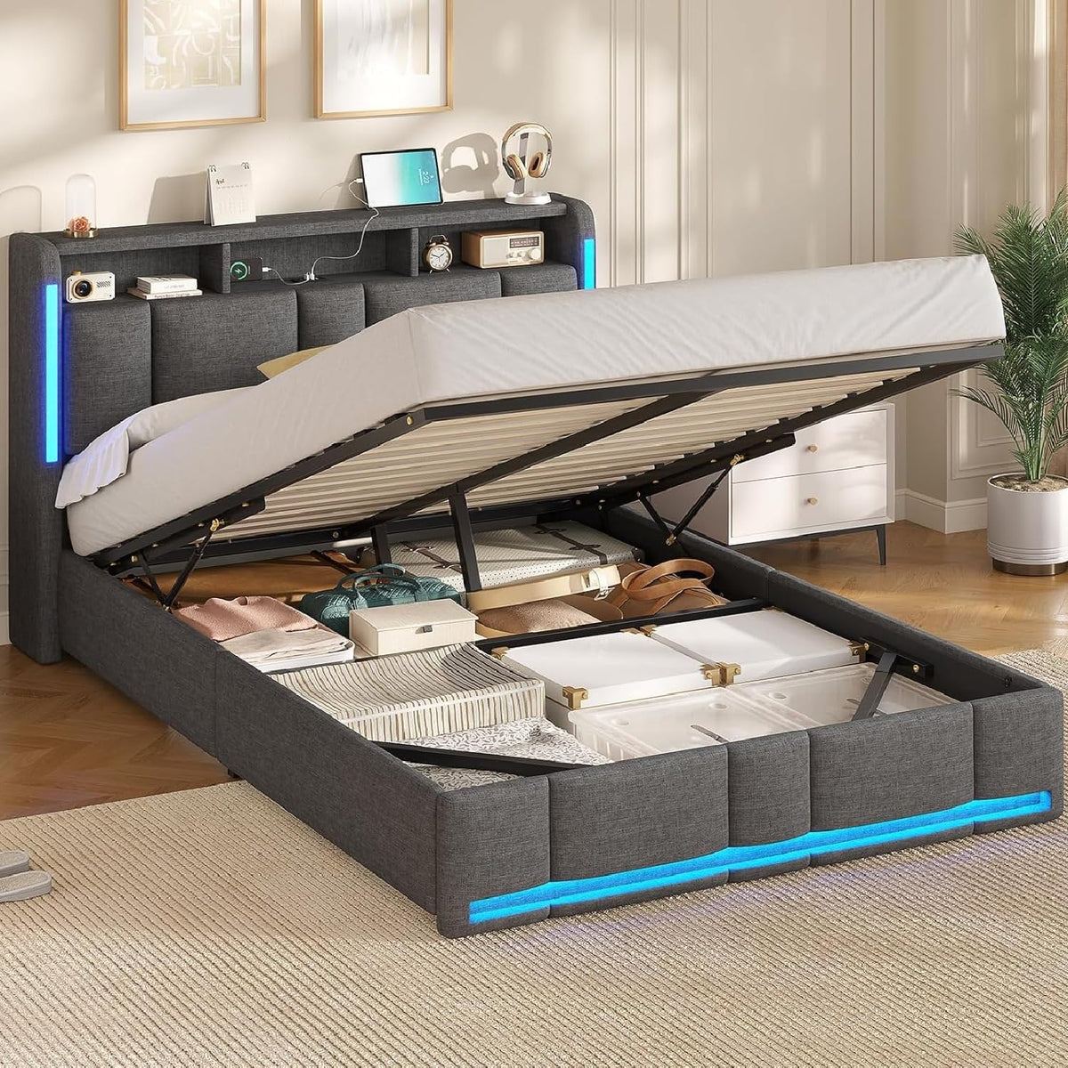 matelas, 140 × 190 CM, avec éclairage LED, bois, gris, AOGLLATI, AOGLLATI Lit Coffre 140x190 CM