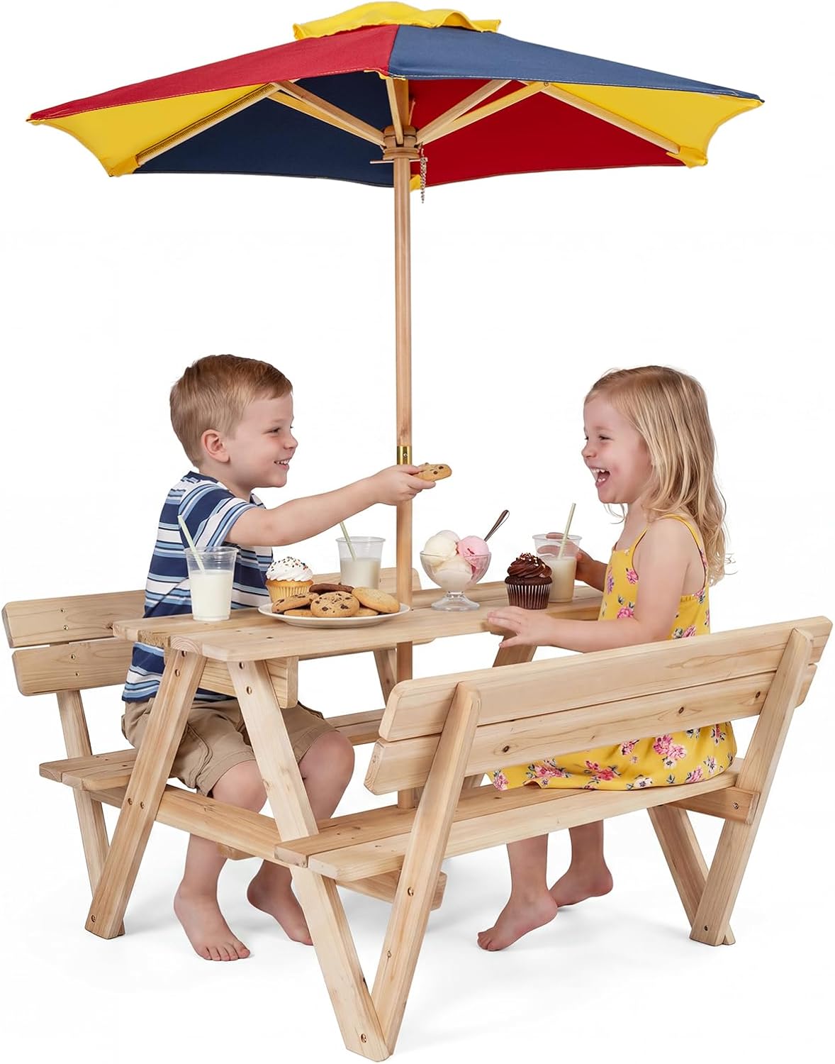 COSTWAY table de jardin, réglable, bois, pour le jardin, pour la terrasse, Salon de Jardin en Bois Sapin avec 2 Bancs