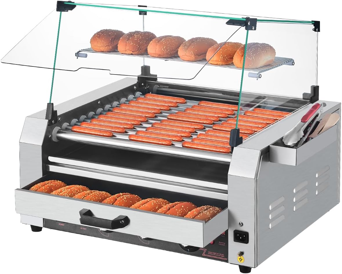 Appareils à hot dog, acier inoxydable, VEVOR, 11 rouleaux, 30 hot-dogs, avec chauffe-petits pains, pour maison