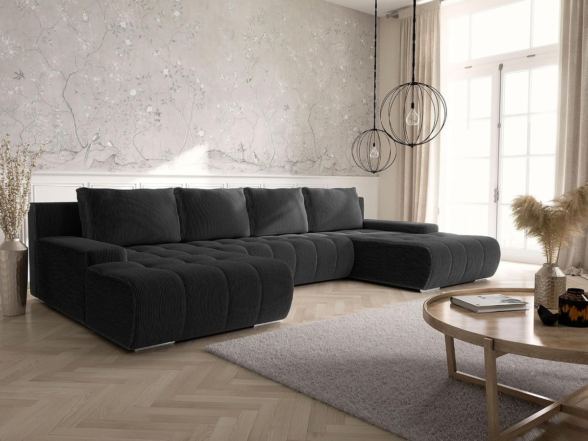 canapé, 350 cm, noir, Tendencio, panoramique Convertible BOLUTI en Velours côtelé avec Coffre de