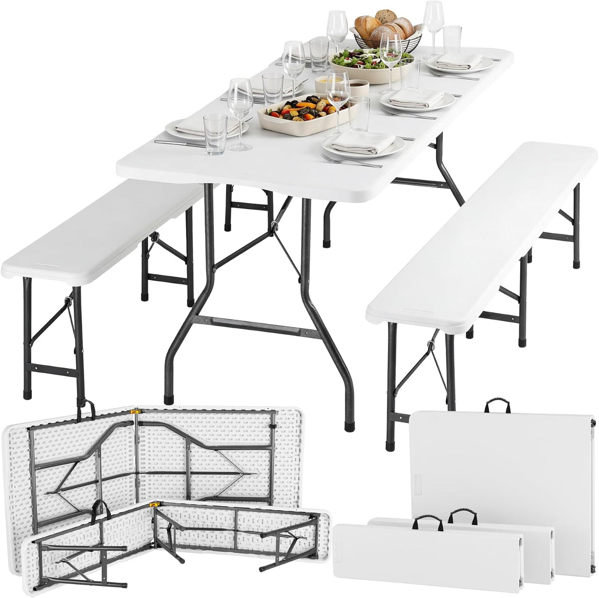 table de jardin, 180 × 70 × 74 cm, pliable, blanc, pour le jardin, tectake, Table extérieure 180x70x74 cm, Bancs 180x27.5x42 cm