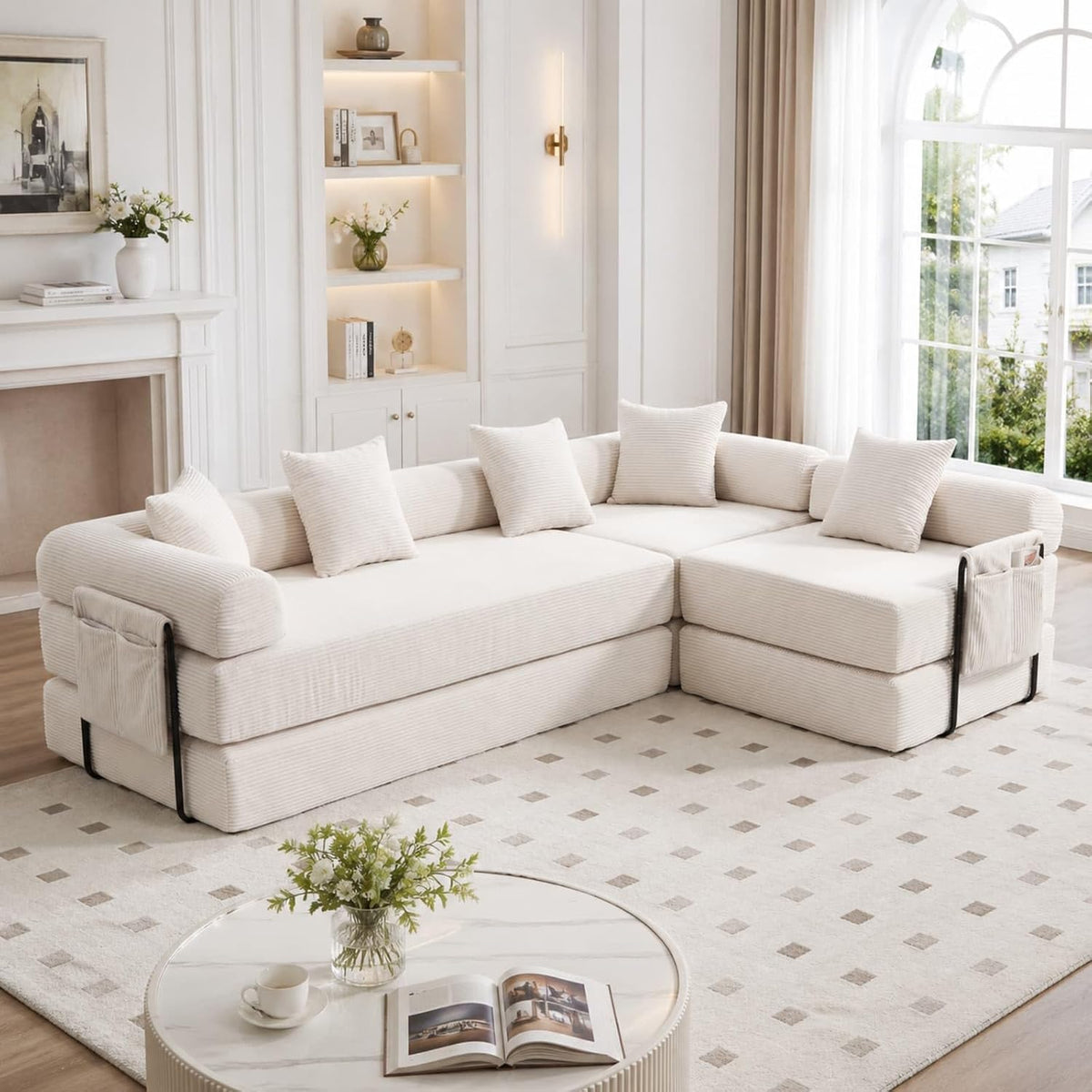 canapé, métal, beige, KOMHTOM, 4 Places en Velours Côtelé avec 5 Coussins Confortables,