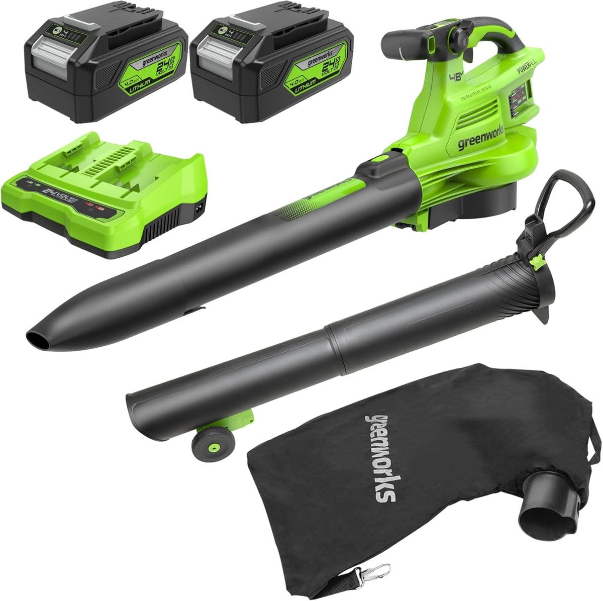 aspirateur BL48L421-01, 48V, 24V, 45L, sans balais, sans fil, Greenworks, 386km/h, 14.73m3/min, Sac Mulching 45L, 2 Batteries 4Ah