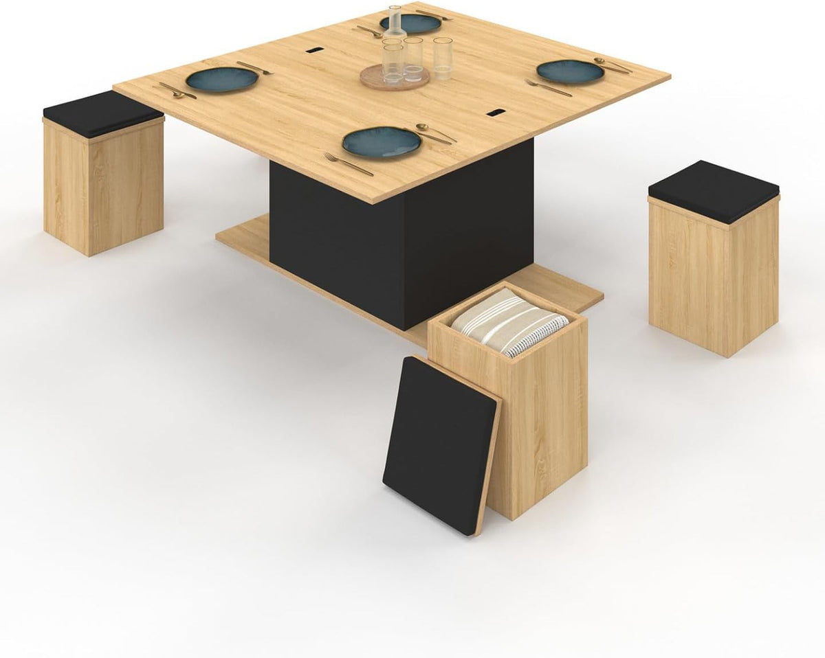 table, bois, noir, IDMarket, - Basse relevable Convertible Eden avec poufs Bois et