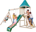 Balançoires F29550E, bois, KidKraft, KidKraft Emerald Aire de Jeux en Bois avec Toboggan d'Extérieur, Mur d'escalade et Bac à Sable pour Enfants
