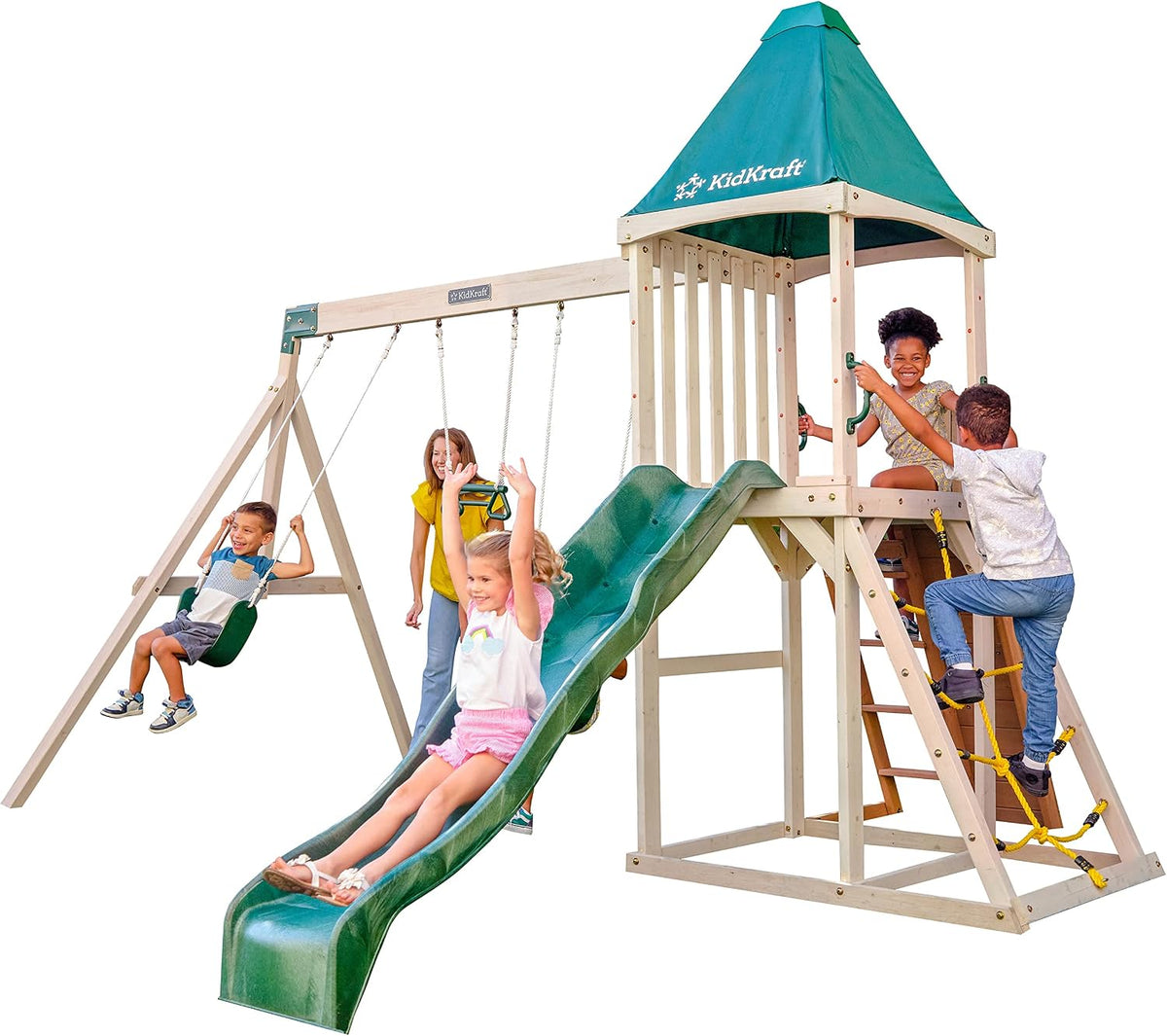 Balançoires F29550E, bois, KidKraft, KidKraft Emerald Aire de Jeux en Bois avec Toboggan d'Extérieur, Mur d'escalade et Bac à Sable pour Enfants