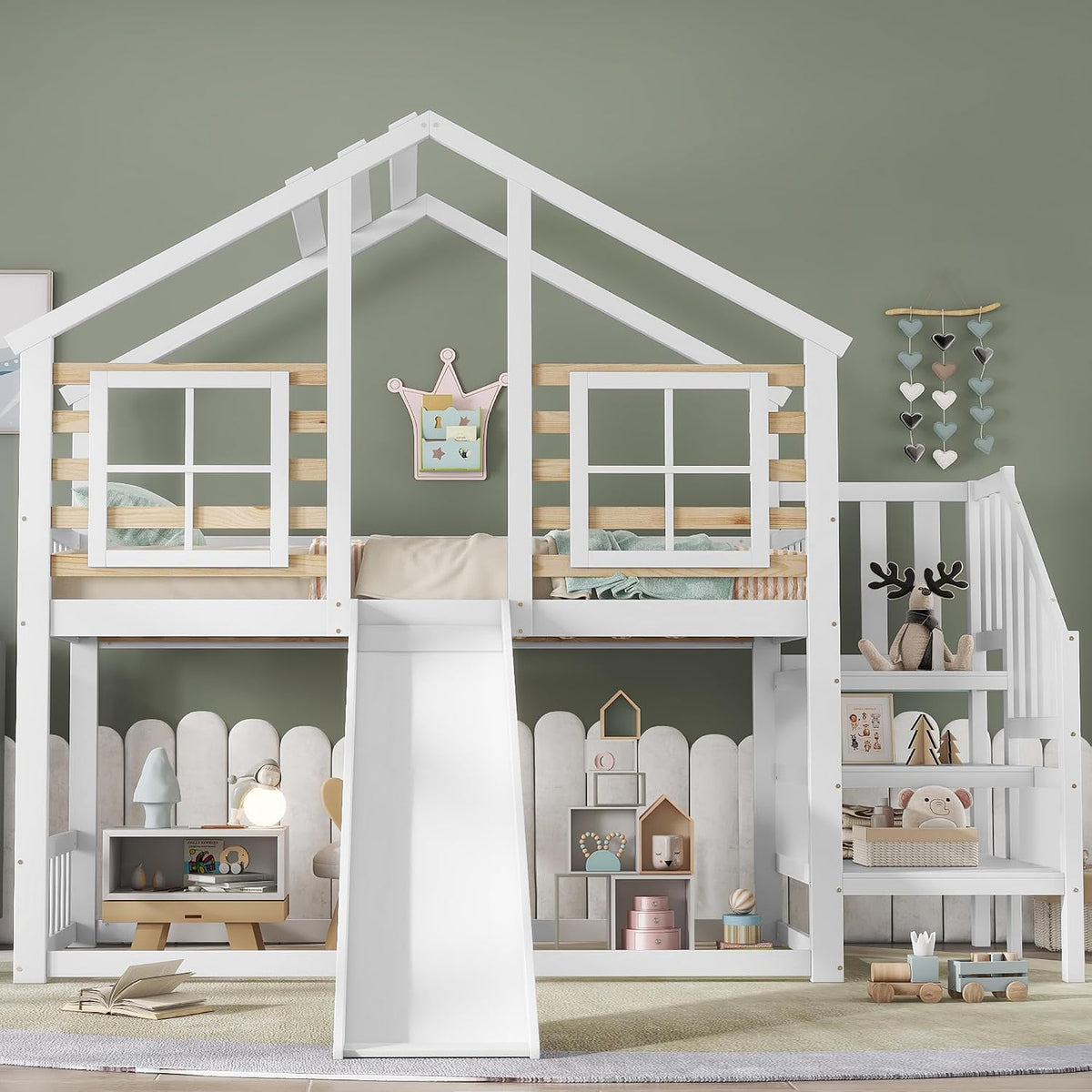lit, bois massif, blanc, Sapgaks, lit superposé Enfant en Bois avec escalier, lit Mezzanine 90x200 avec Toboggan et fenêtre