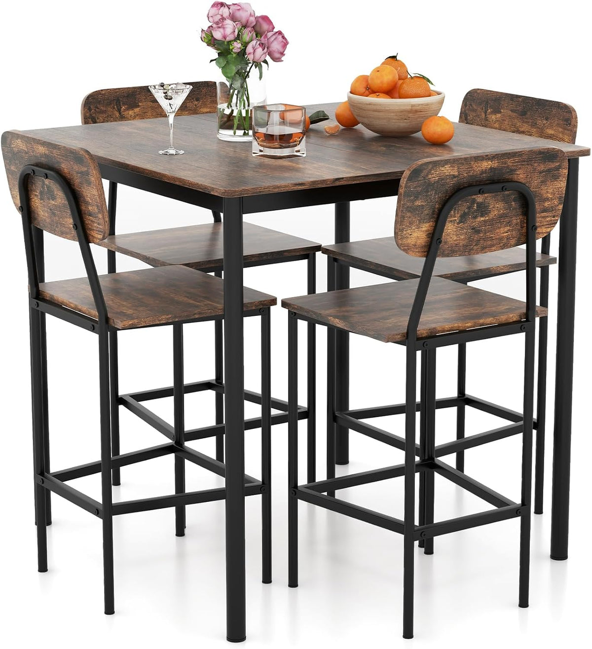 COSTWAY chaise, 90 × 90 cm, marron, pour la cuisine, pour le salon, COSTWAY Ensemble Table et 4 Chaises, Tabouret avec Dossier, pour Cuisine